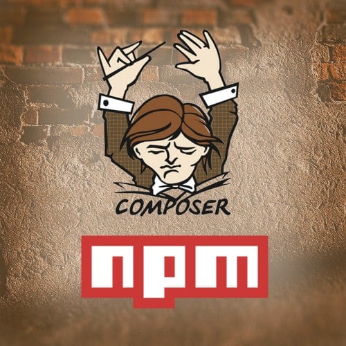Logo von NPM und Composer vor einer Steinmauer