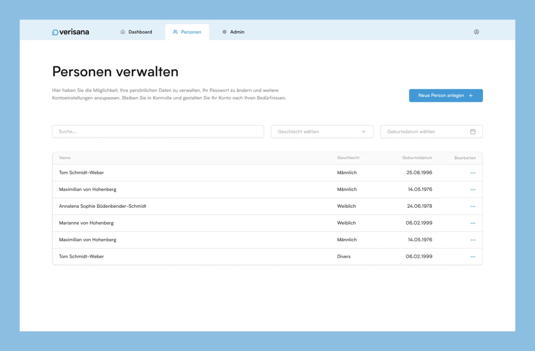 Screenshot der Verisana-Weboberfl&auml;che zur Verwaltung von Nutzerprofilen mit einer Tabelle f&uuml;r Namen, Geschlecht und Geburtsdatum.