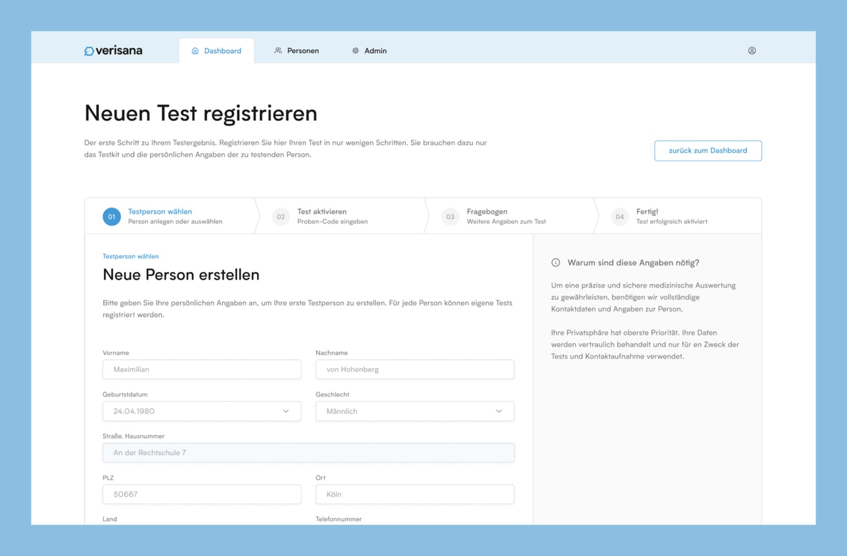 Screenshot der Verisana-Weboberfl&auml;che zur Registrierung eines neuen Tests mit Eingabefeldern f&uuml;r pers&ouml;nliche Daten und Fortschrittsanzeige der Testaktivierung.