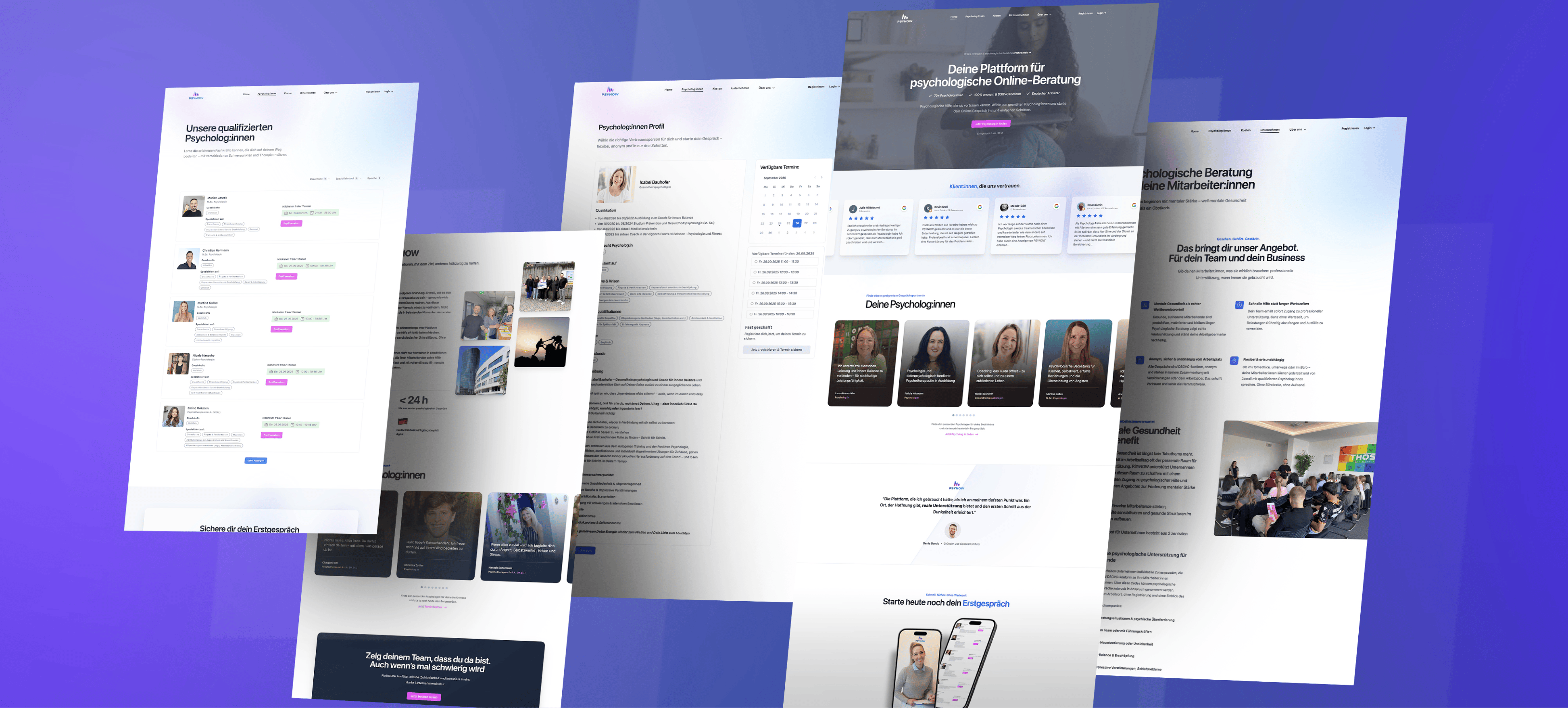 Übersicht der PSynow Website mit Startseite und verschiedenen Unterseiten in Mockup-Darstellung