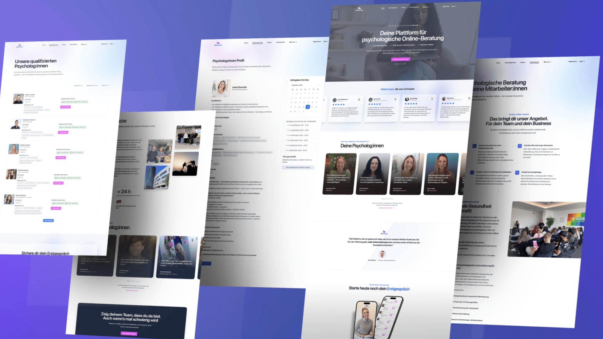 &Uuml;bersicht der PSynow Website mit Startseite und verschiedenen Unterseiten in Mockup-Darstellung