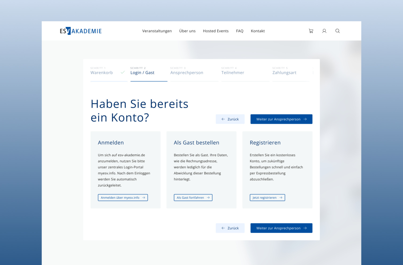 Checkout der ESV Akademie mit Anmeldung, Registrierung oder Gastbestellung