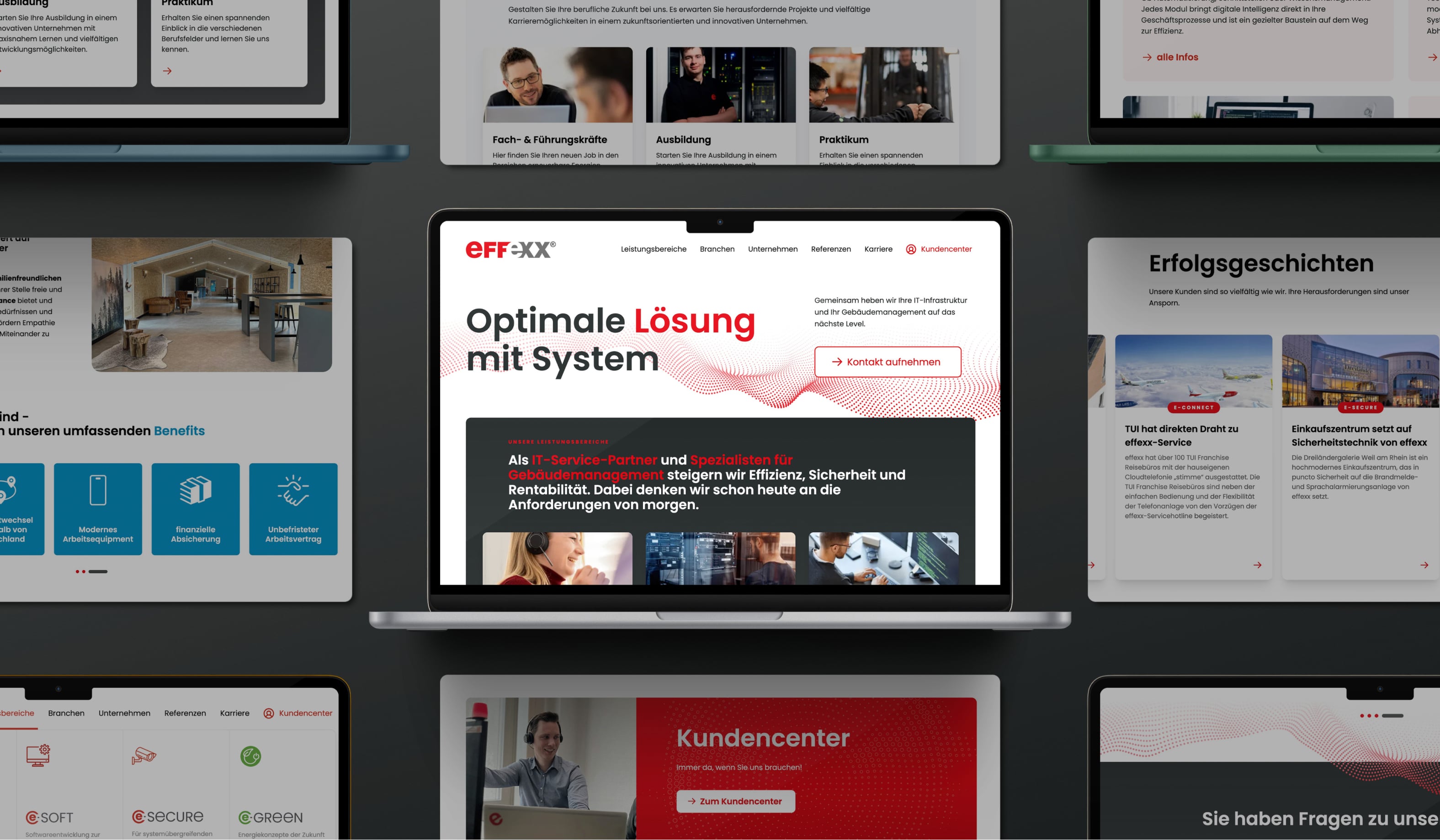 Modernes Mockup-Grid mit verschiedenen Ansichten der effexx Website – stilvolle Designübersicht