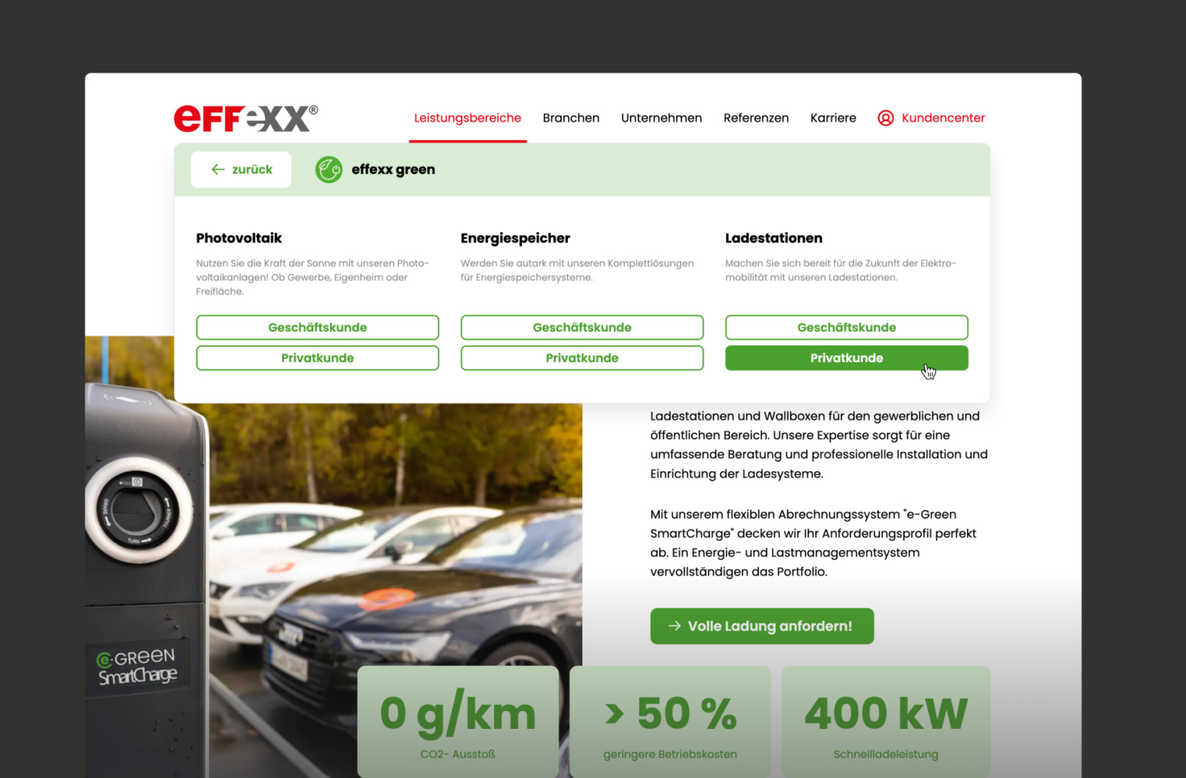 Navigationsansicht des Bereichs e-green &ndash; gr&uuml;n hervorgehobene Unterkategorie f&uuml;r nachhaltige Energiel&ouml;sungen