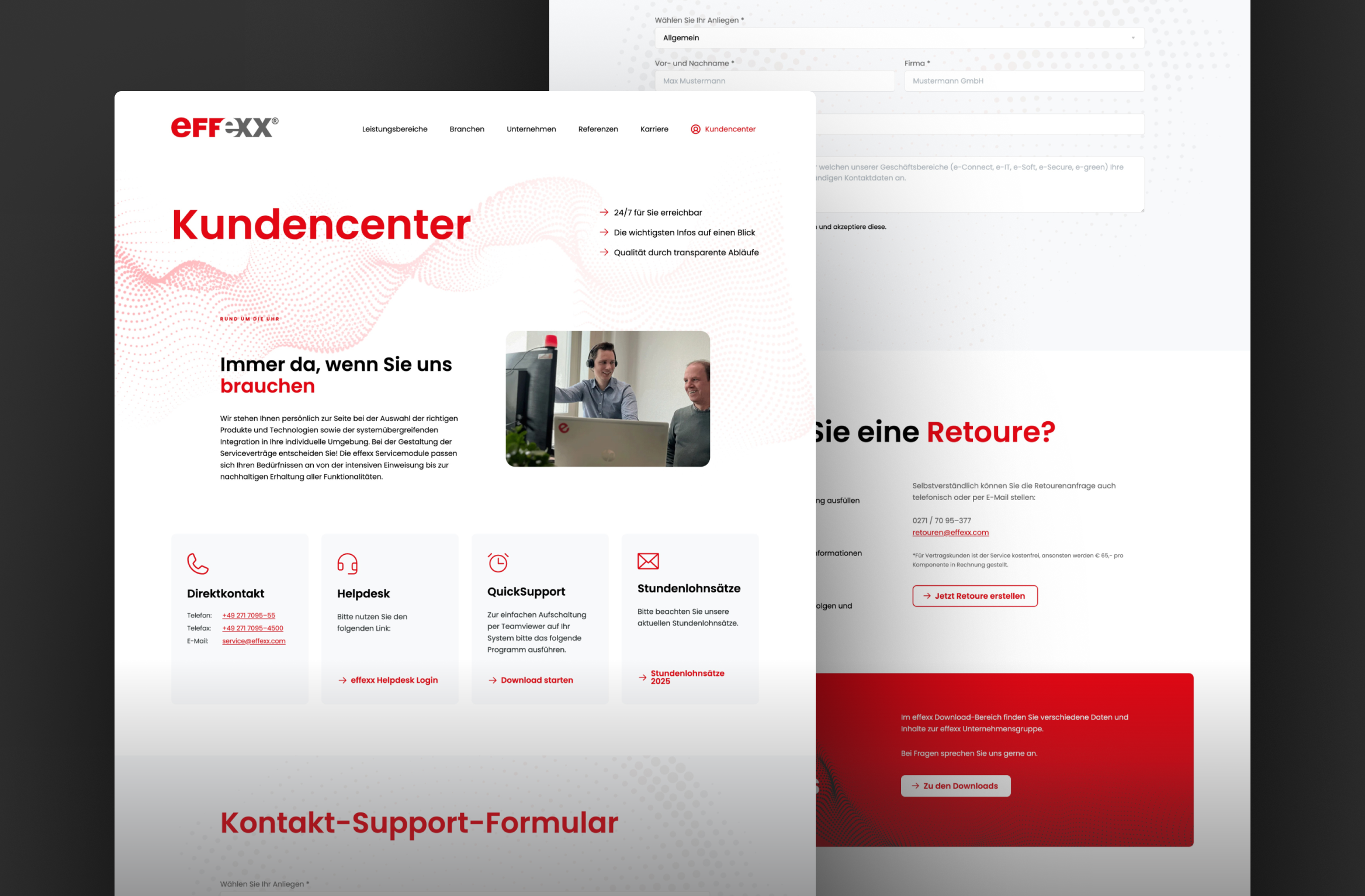 Zentrale Kundencenter-Seite von effexx mit Kontaktmöglichkeiten, Supportangeboten und Hilfebereich