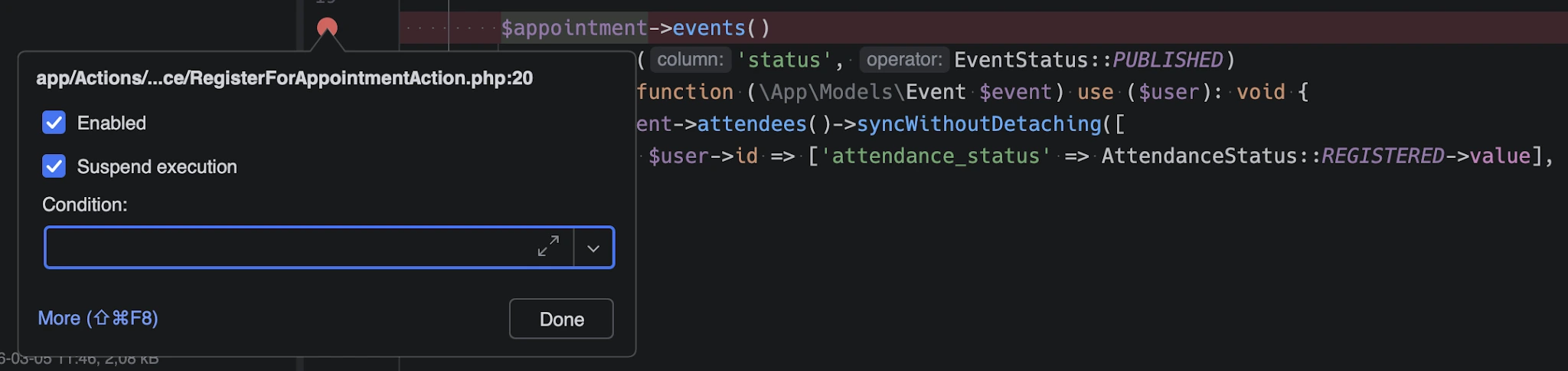 Detailansicht eines gesetzten Breakpoints in PhpStorm mit Optionen für „Enabled“, „Suspend execution“ und einem Eingabefeld für Bedingungen