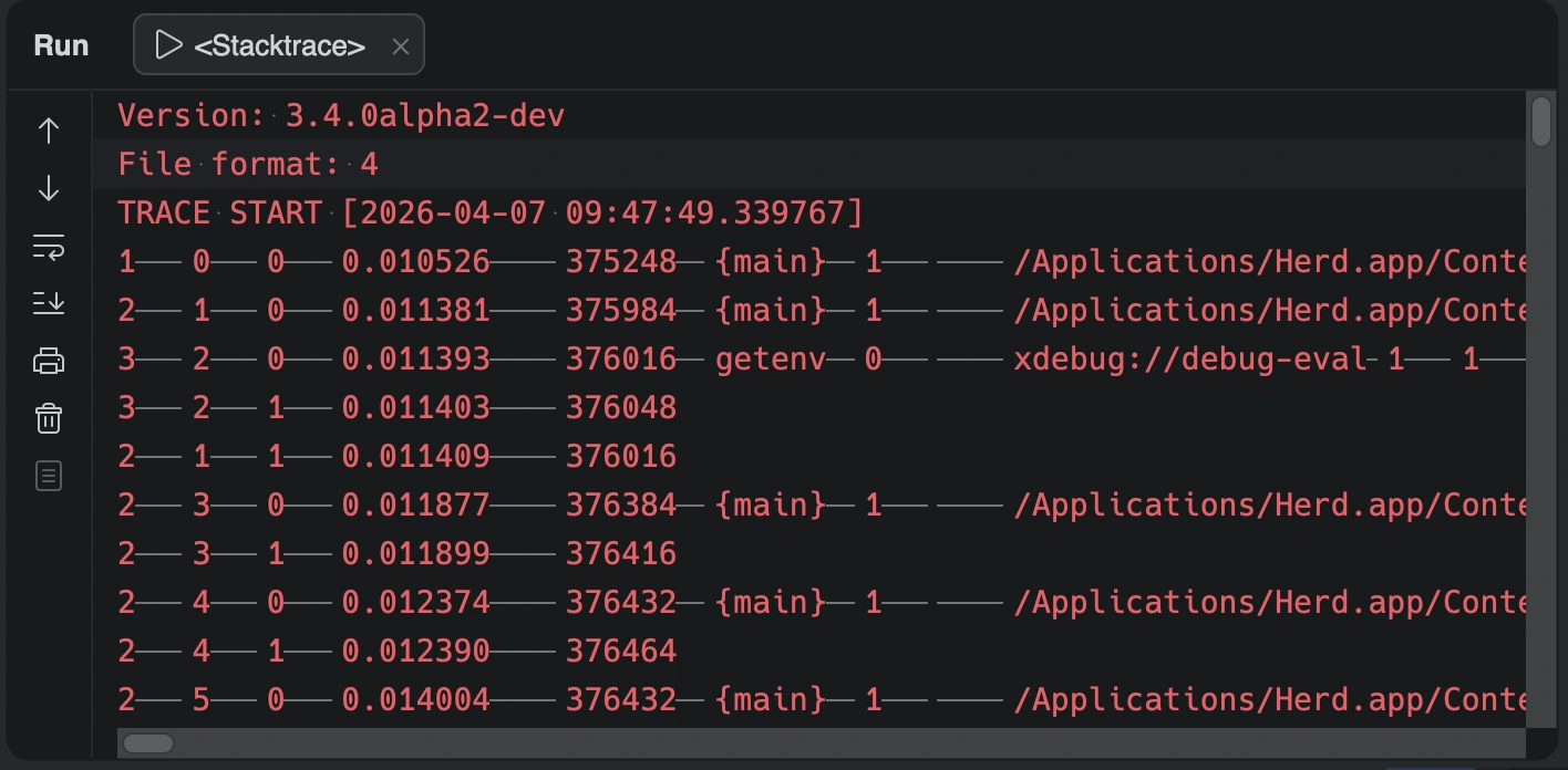 Ein im Terminal ausgegebener Xdebug-Stacktrace, der den zeitlichen Ablauf und die Hierarchie der aufgerufenen PHP-Funktionen detailliert protokolliert
