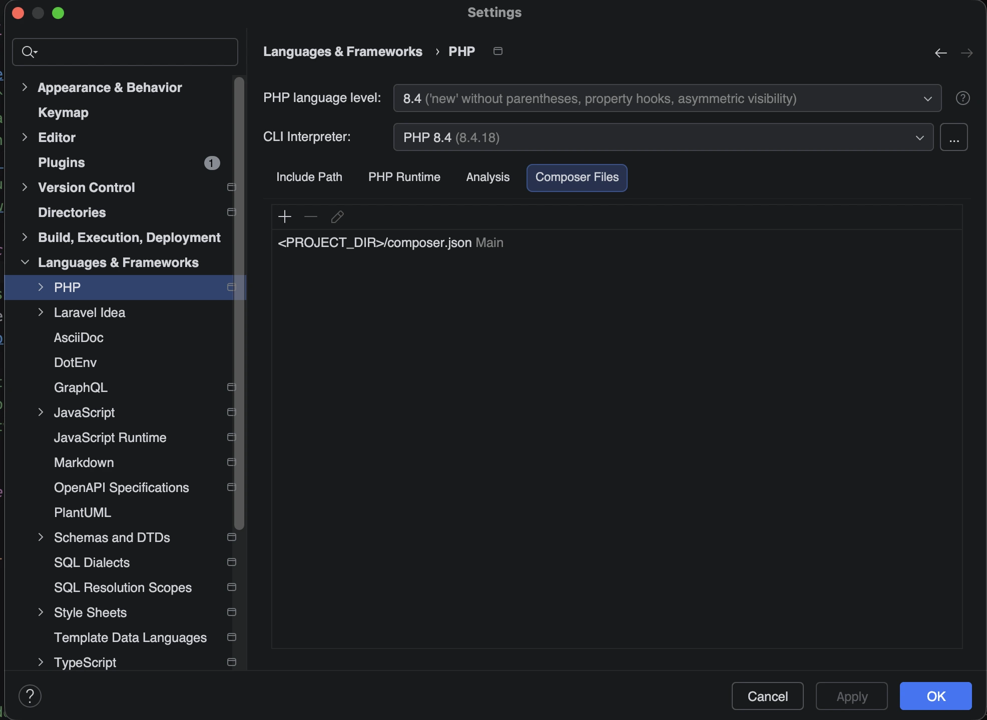 Das Konfigurationsmenü in PhpStorm für PHP-Sprachlevel 8.4 und den CLI-Interpreter