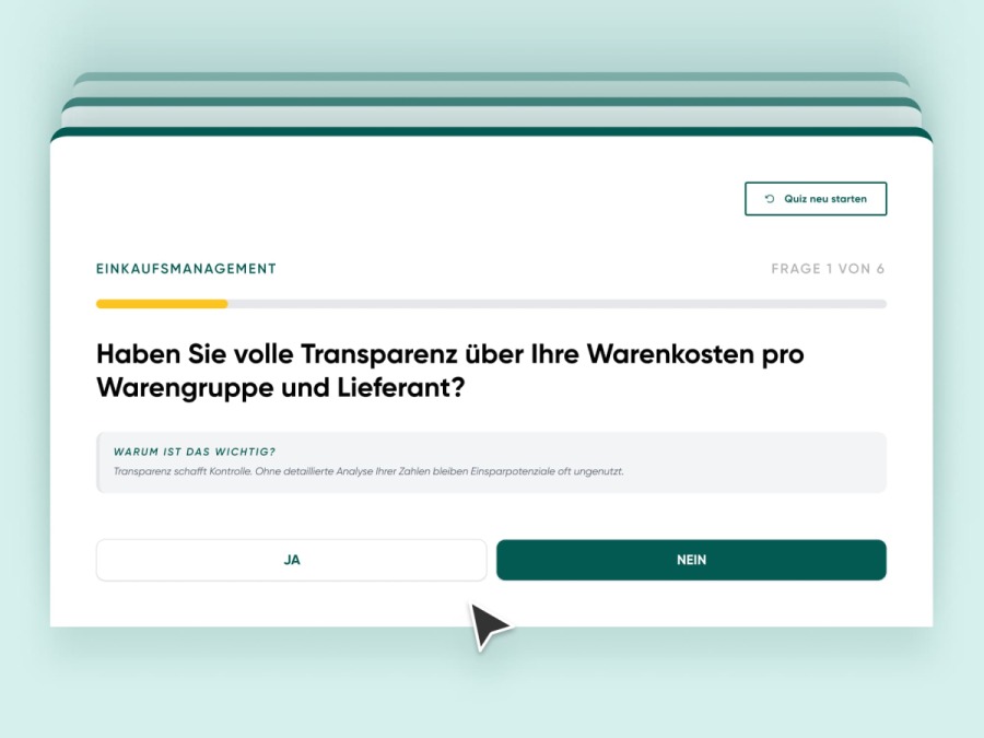 Benutzeroberfl&auml;che des E-plus Effizienz-Checks mit einer Ja-Nein-Frage zur Transparenz der Warenkosten im Einkaufsmanagement
