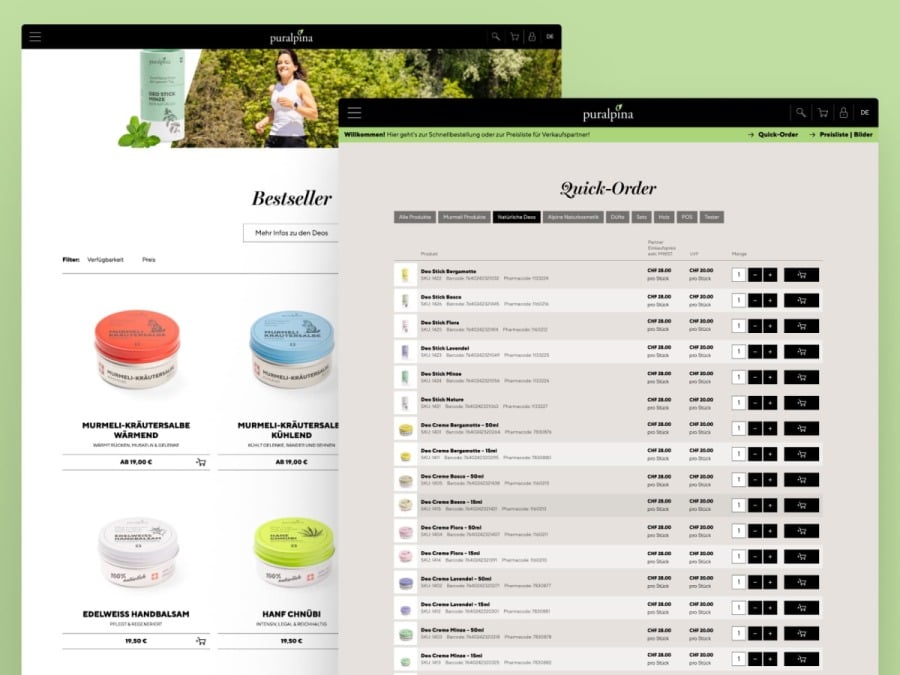 Vergleich der Puralpina-Website: Im Hintergrund der klassische Online-Shop mit Bestsellern, im Vordergrund die B2B-Schnellbestellliste (&bdquo;Quick-Order&ldquo;).