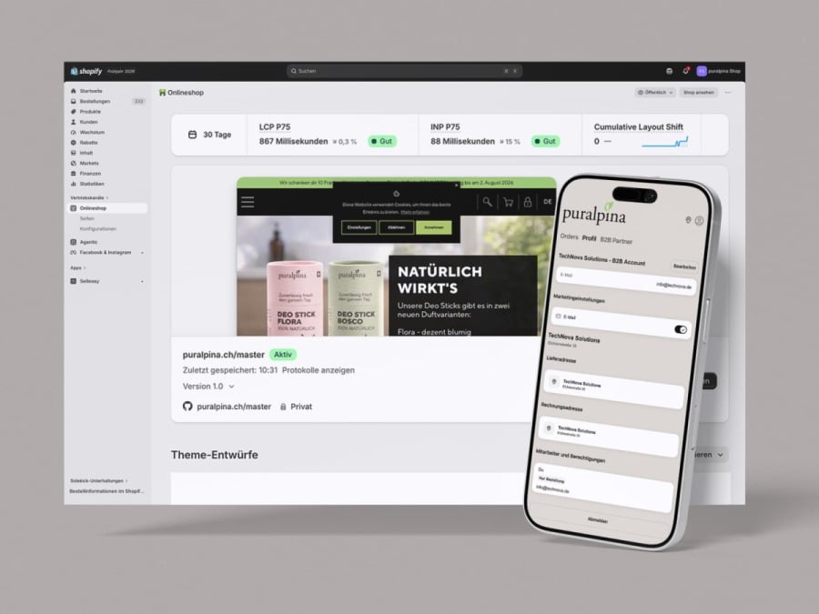 Shopify-Admin-Dashboard f&uuml;r den Puralpina Online-Shop mit einer Smartphone-Vorschau der B2B-Kontoansicht im Vordergrund.