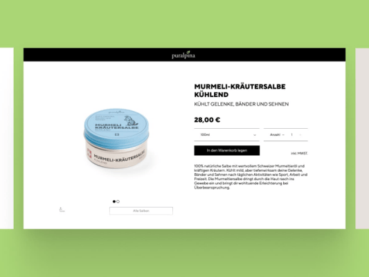 Produktdetailseite der kühlenden Puralpina Murmeli-Kräutersalbe mit Preis, Mengenauswahl, Warenkorb-Button und Beschreibung.