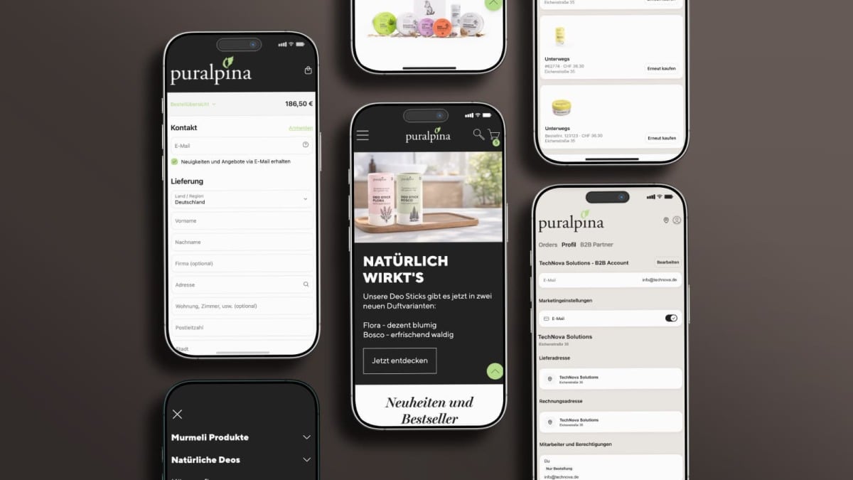 Mehrere Smartphones zeigen verschiedene mobile Ansichten der Puralpina-Website, darunter Startseite, Navigation, Checkout und Kundenkonto.