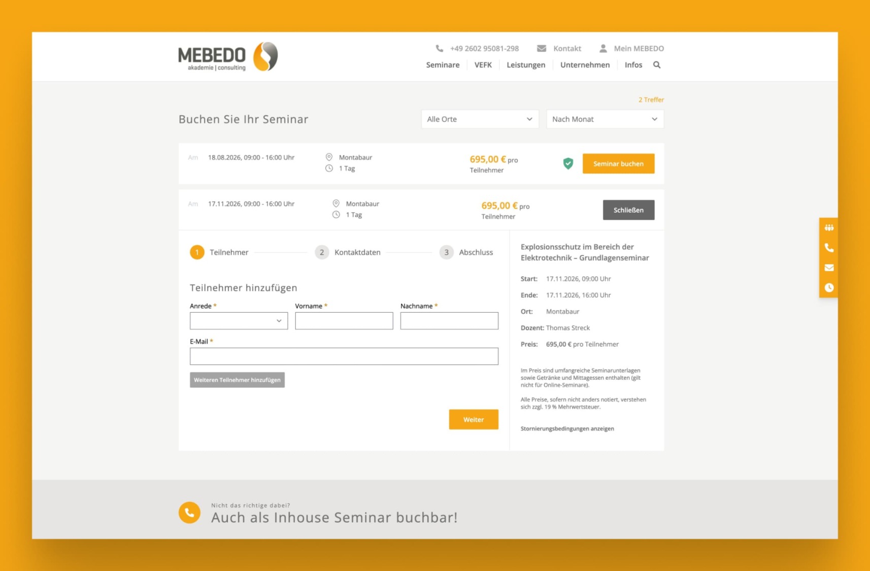 MEBEDO Seminar-Buchungsmaske mit Termin&uuml;bersicht und Anmeldeformular.