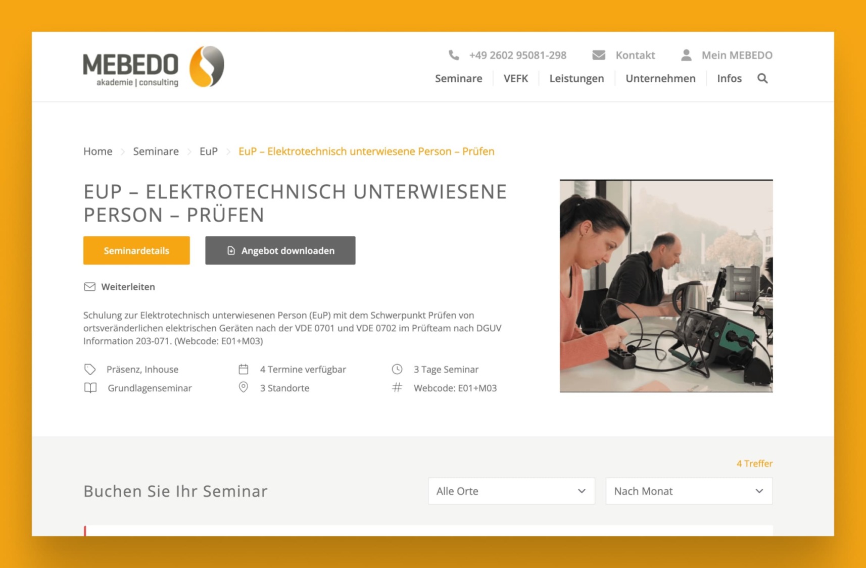 Website-Ansicht der MEBEDO Akademie f&uuml;r das Seminar &bdquo;EuP &ndash; Elektrotechnisch unterwiesene Person &ndash; Pr&uuml;fen&ldquo; mit Kursdetails und Buchungsoptionen.