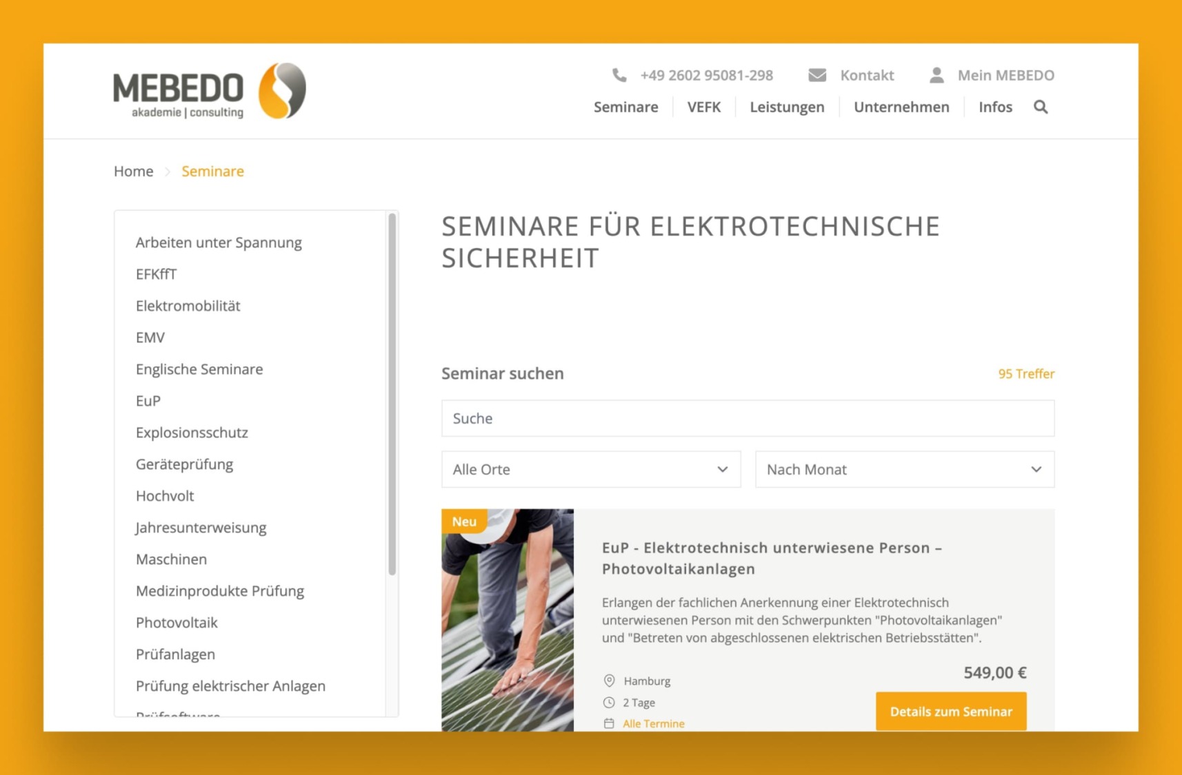 Website-Ansicht der MEBEDO Akademie mit Kategorien-Navigation, Suchfilter und Angeboten f&uuml;r Seminare zur elektrotechnischen Sicherheit.