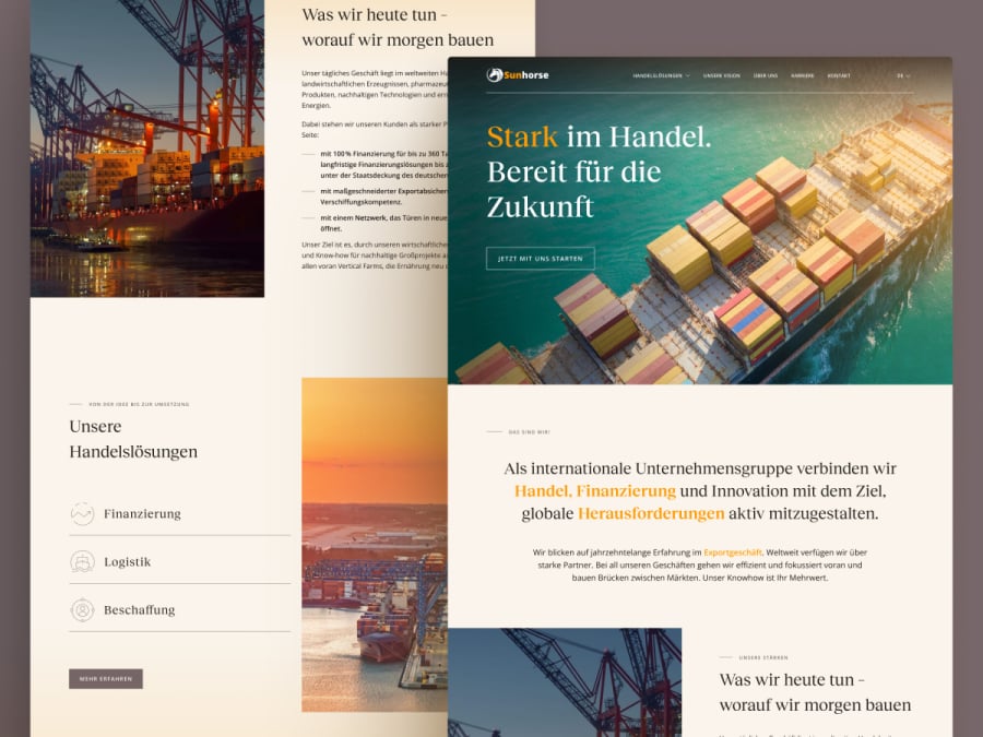 egen&uuml;berstellung zweier Website-Layouts der Sunhorse Gruppe mit Containerschiff-Motive, Handelsl&ouml;sungen (Finanzierung, Logistik, Beschaffung) und Unternehmensprofil.