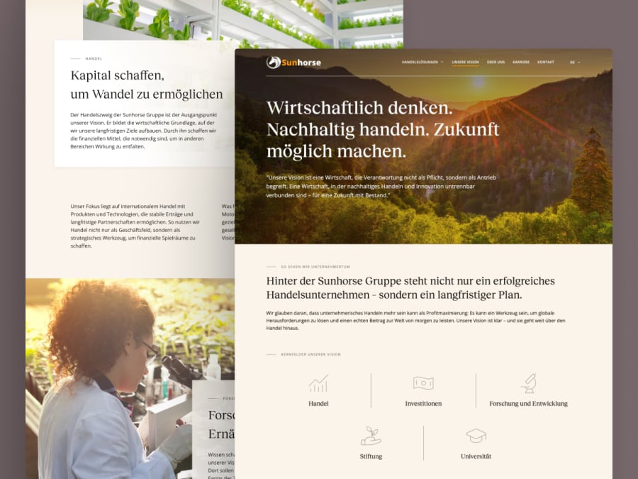 Gegen&uuml;berstellung zweier Layouts der Sunhorse-Website mit Hero-Sektion, Unternehmenswerten und den Kernfeldern Handel, Investitionen, Forschung, Stiftung und Universit&auml;t.