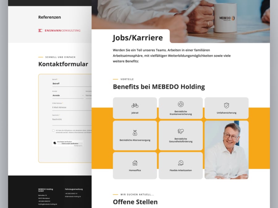 Website-Ausschnitt der MEBEDO Karriereseite mit &Uuml;bersicht der Mitarbeiter-Benefits wie Jobrad, Homeoffice und flexiblen Arbeitszeiten.