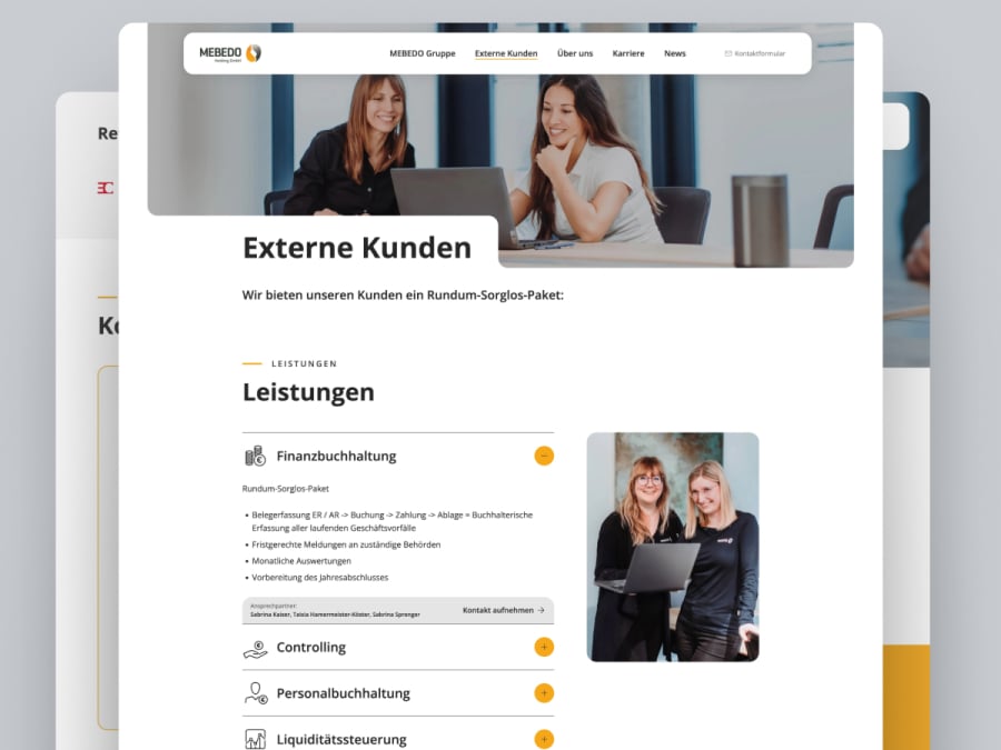 Website-Ansicht der MEBEDO Holding mit Dienstleistungen f&uuml;r externe Kunden wie Finanzbuchhaltung, Controlling und Personalbuchhaltung.