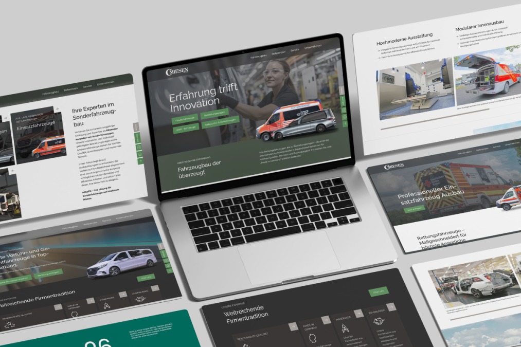 Laptop und verschiedene Screen-Layouts zeigen das Webdesign der Firma MIESEN f&uuml;r Rettungsfahrzeuge und Sonderfahrzeugbau.