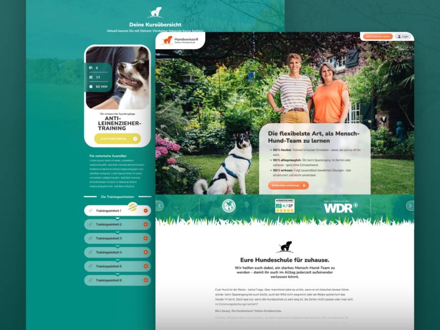 Website-Layouts der Hundewiese Online-Hundeschule mit Startseiten-Ausschnitt im Hintergrund und Login-Bereich auf einem Laptop im Vordergrund